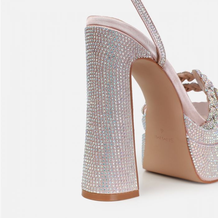 Paradisa Nude Satin Diamante Platform Block Heels SIMMI London