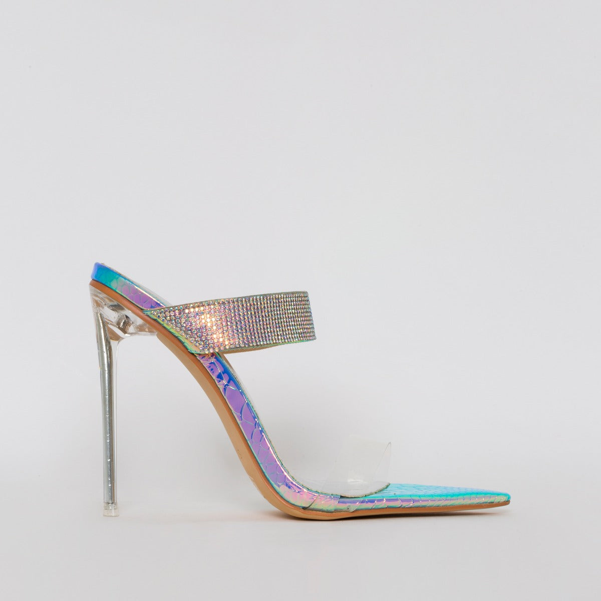 Dominique Silver Iridescent Snake Diamante Mules