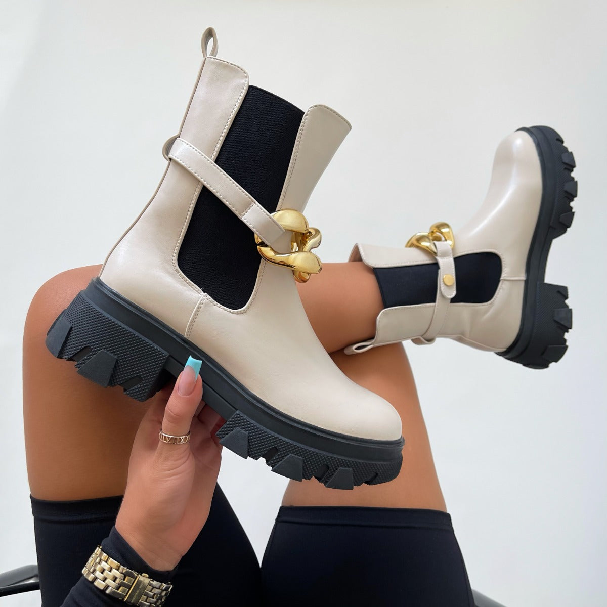 Hendrix Beige Chunky Chain Ankle Boots | SIMMI London