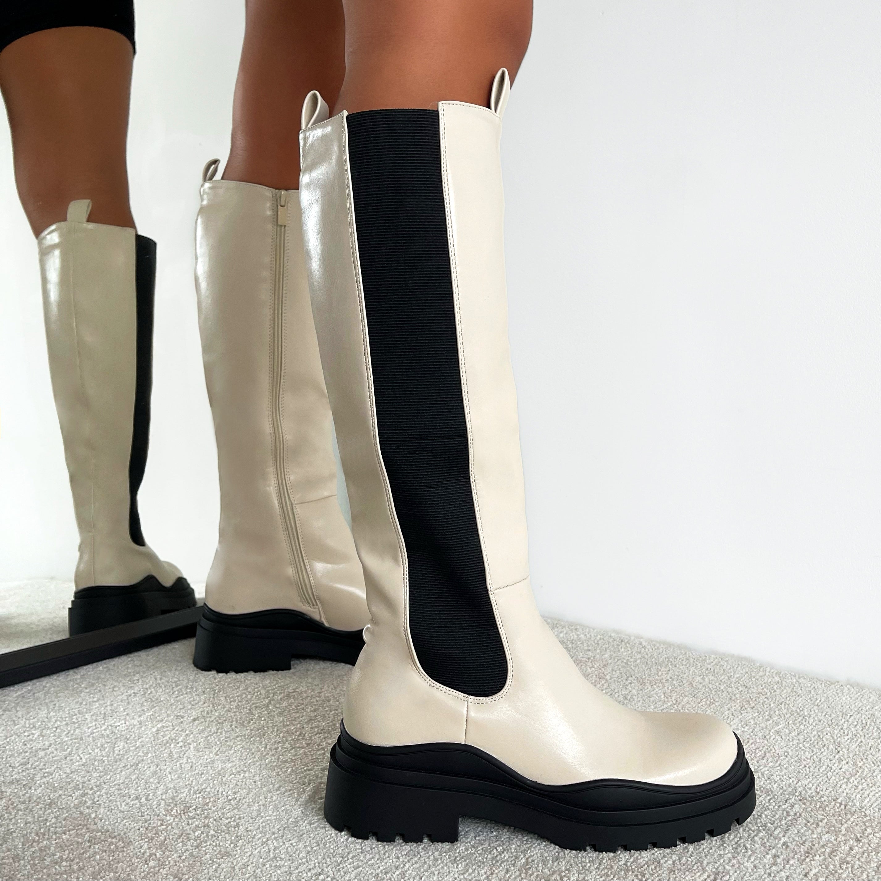 Marcello Ecru Knee High Chelsea Boots | SIMMI London