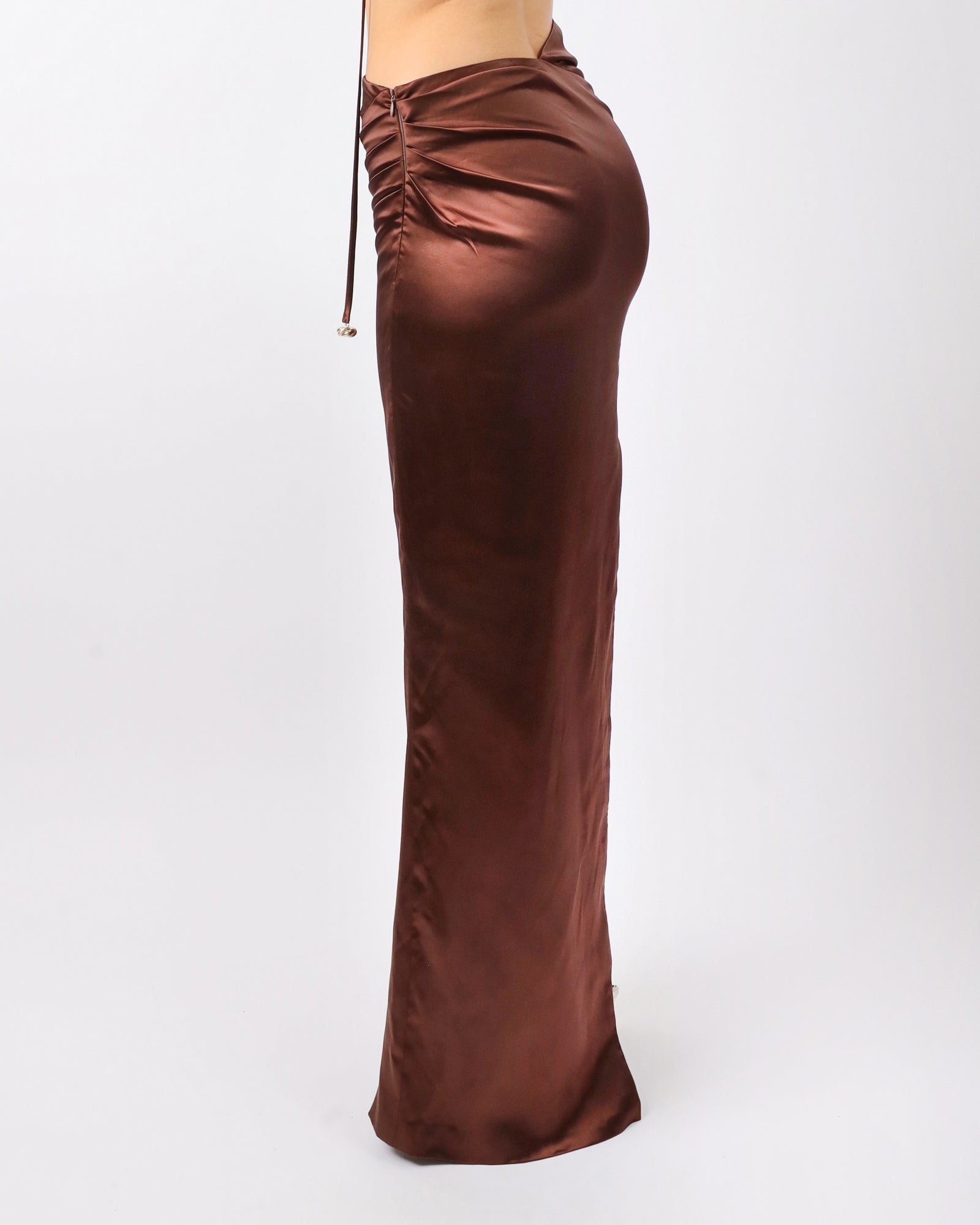 Élodie Chocolate Satin Drape Maxi Skirt | SIMMI London