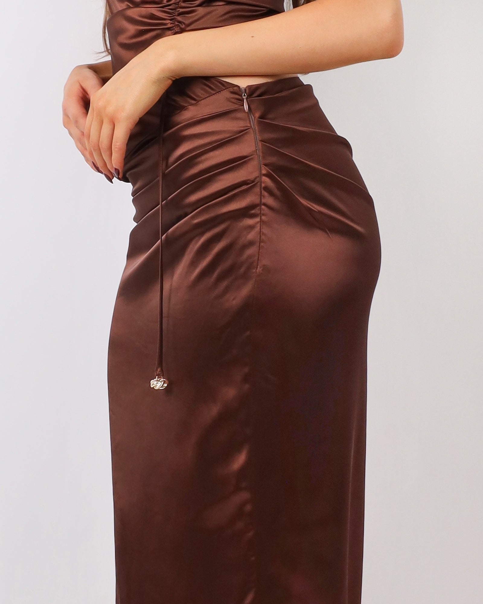 Élodie Chocolate Satin Drape Maxi Skirt | SIMMI London