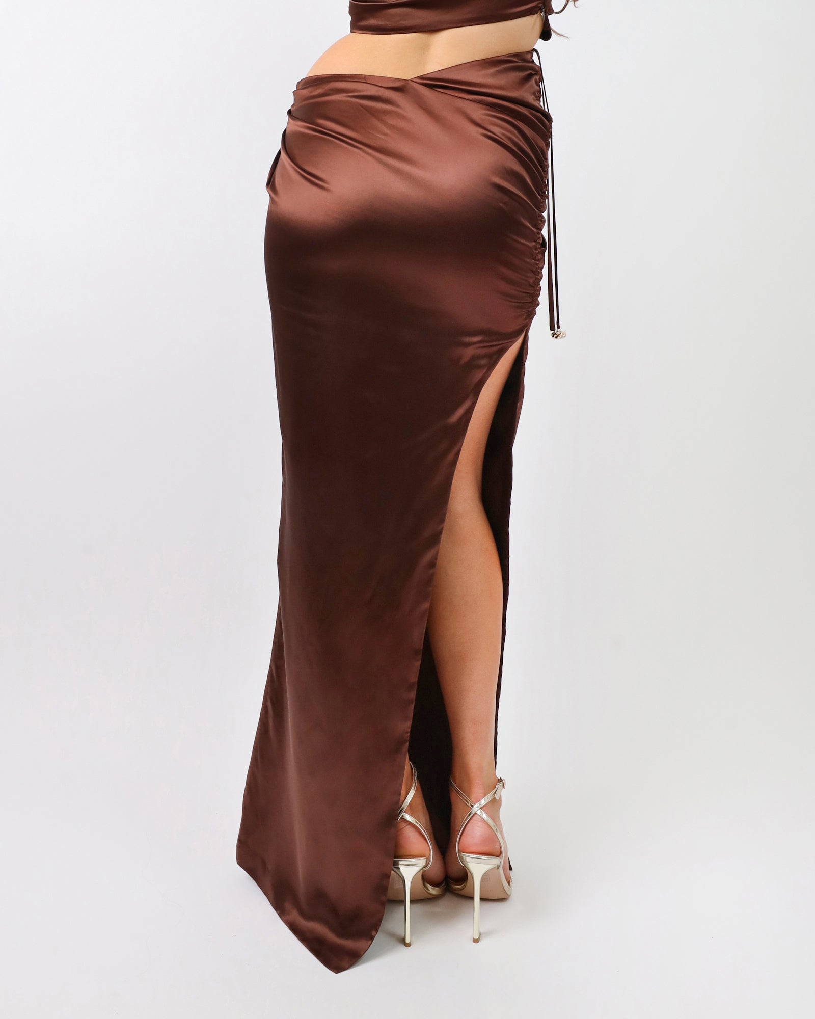 Élodie Chocolate Satin Drape Maxi Skirt | SIMMI London