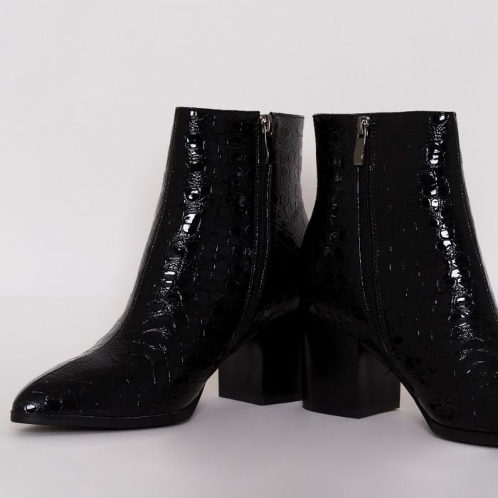 Anya Wide Fit Black Patent Croc Block Heel Ankle Boots 5404