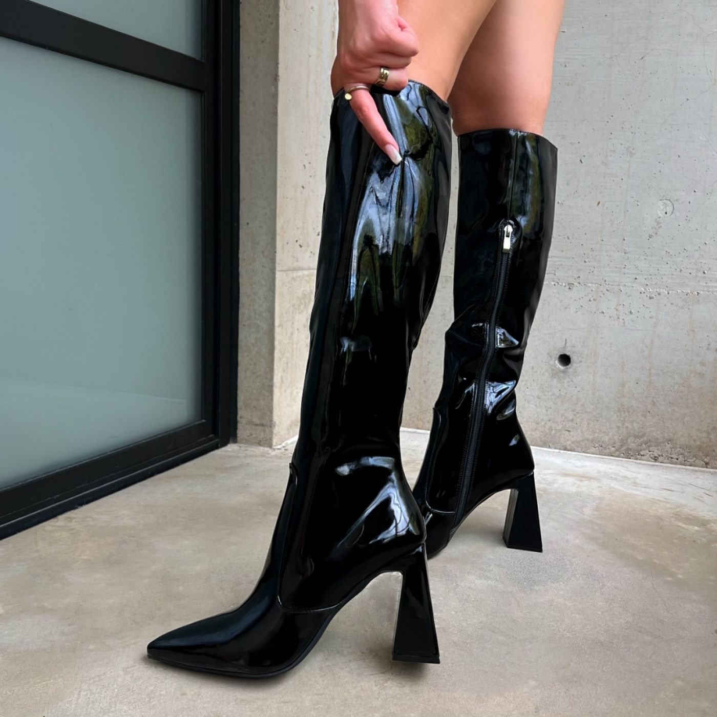 Tasha Ghouri Ryden Black Patent Knee High Boots | SIMMI London