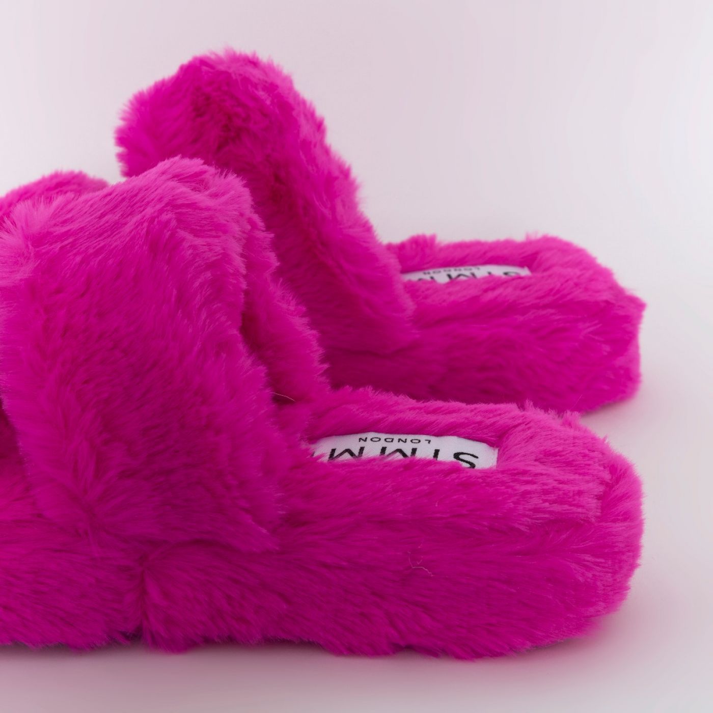 Courtney Fuchsia Fluffy Faux Fur Double Strap Slippers | SIMMI London