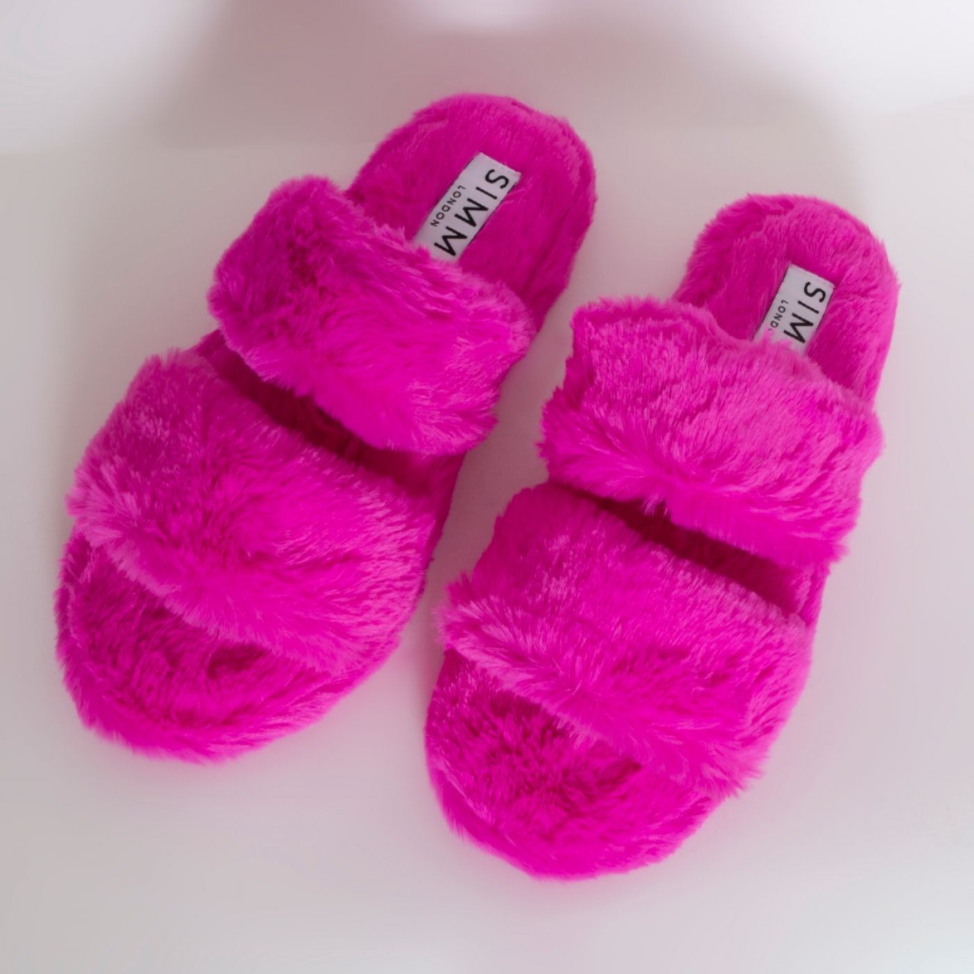 Courtney Fuchsia Fluffy Faux Fur Double Strap Slippers | SIMMI London