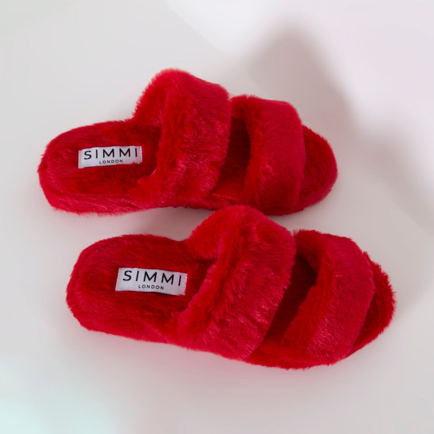 Courtney Red Fluffy Faux Fur Double Strap Slippers