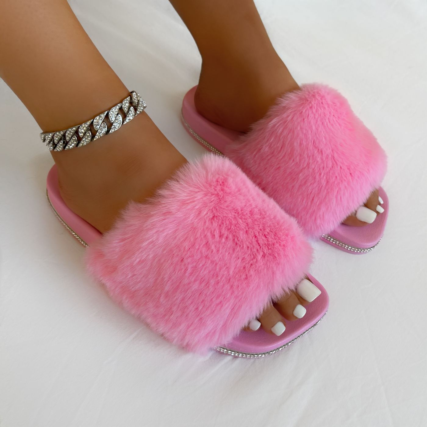 Candyfloss Candy Pink Fluffy Faux Fur Slippers | SIMMI London