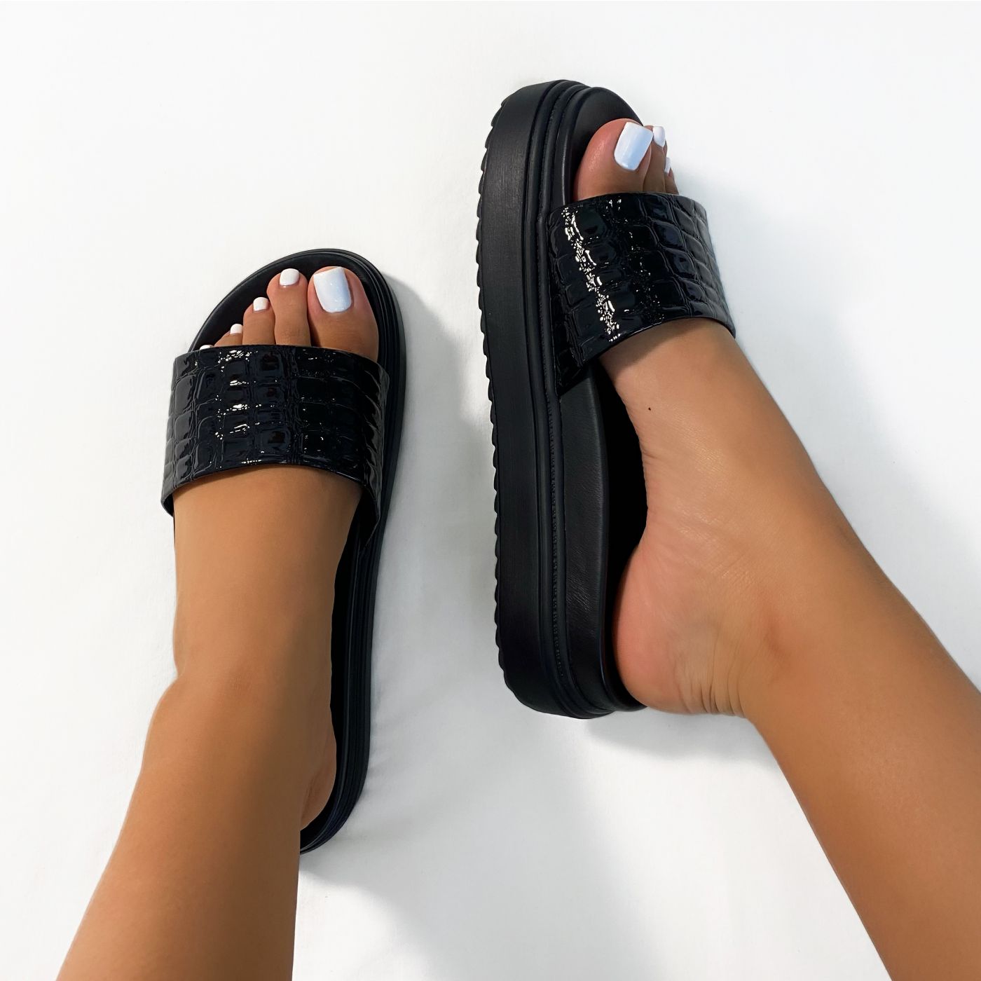 Fernanda Black Faux Croc Print Flatform Sandals