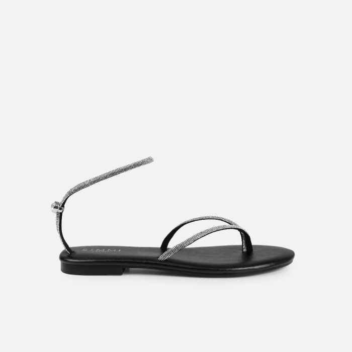 Elio Black Diamante Toe Thong Toggle Flat Sandals | SIMMI London