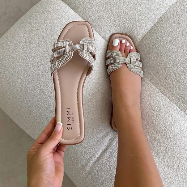 Jorji nude diamante slip on flat sandals | SIMMI London