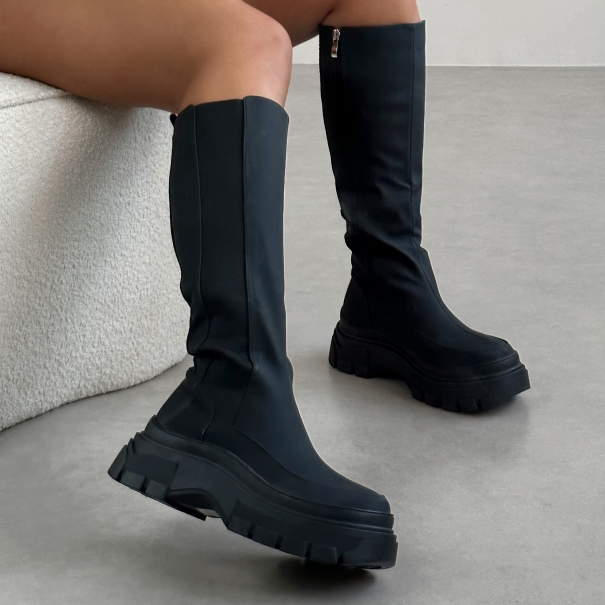 Kruse Black Rubberised Flat Chunky Knee High Boots | SIMMI London
