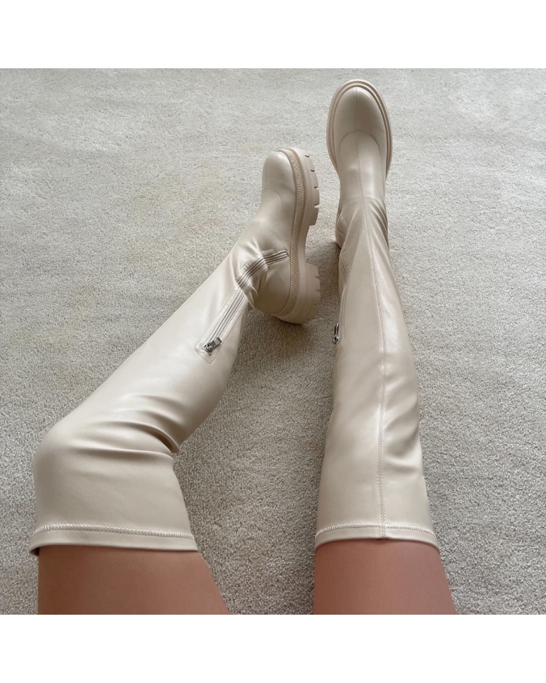 Domino Cream Chunky Over The Knee Boots | SIMMI London