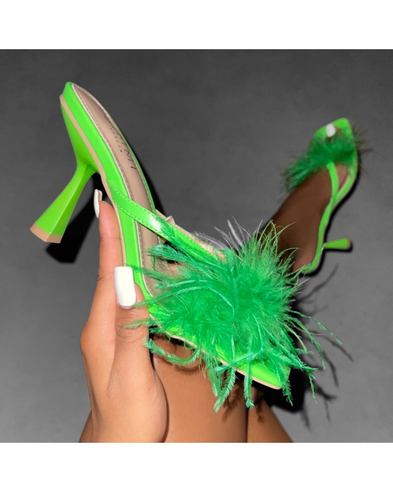 Jupiter Green Square Toe Fluffy Mid Heel Mules | SIMMI London