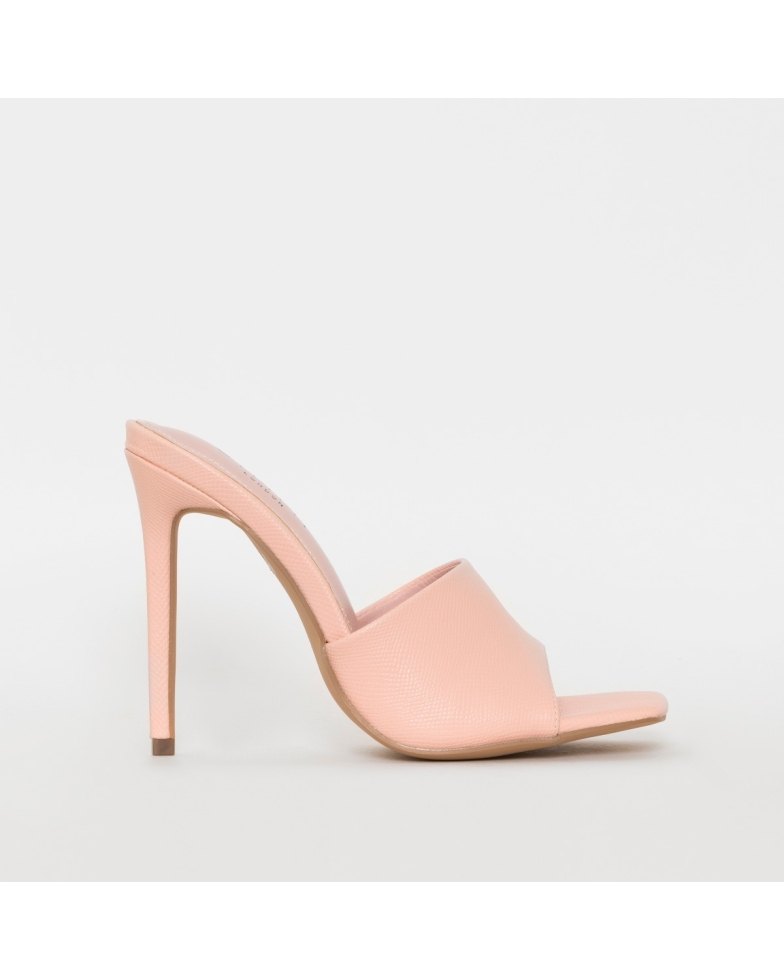 SIMMI SHOES / AMALIE PINK SNAKE PRINT STILETTO MULE HEELS
