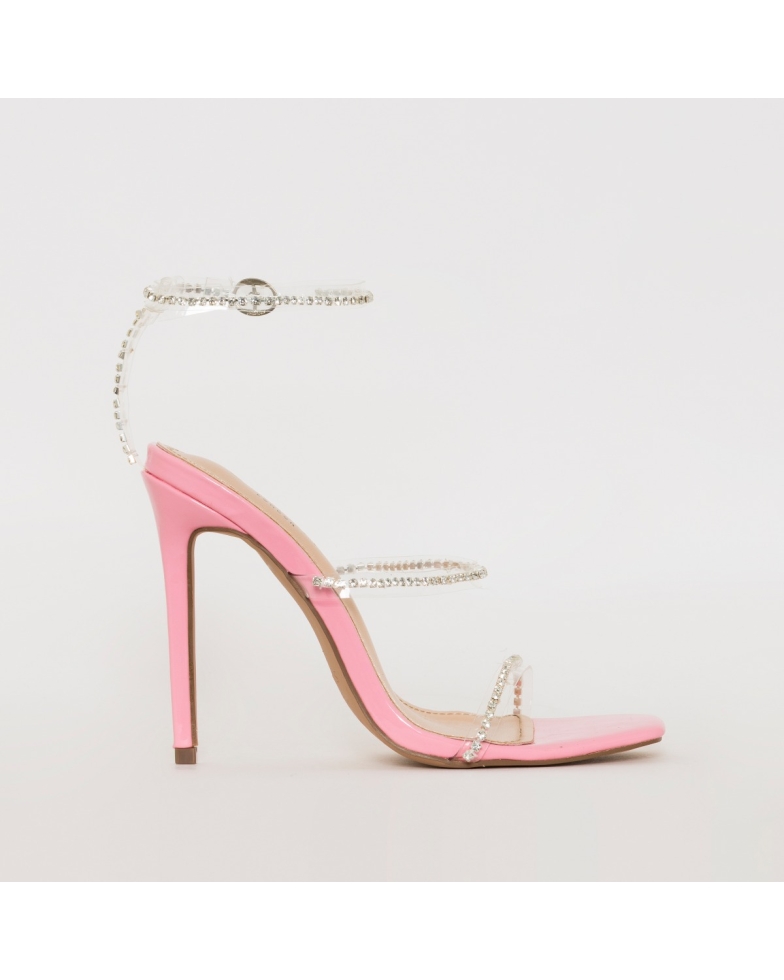 SIMMI SHOES / EVIE PINK PATENT CLEAR DIAMANTE STILETTO HEELS