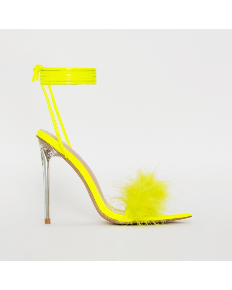 Obey Fluffy Neon Yellow Patent Lace Up Stiletto Heels