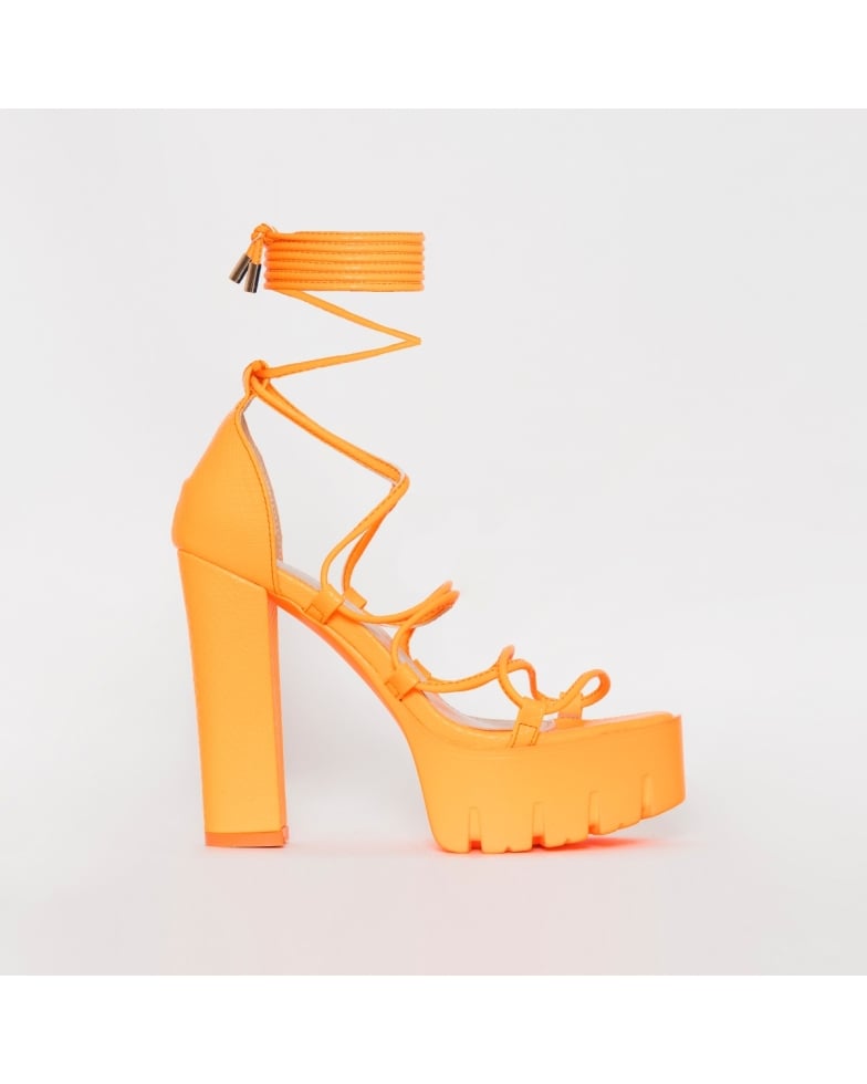 SIMMI SHOES / JUMA ORANGE SNAKE PRINT LACE UP CHUNKY HEELS