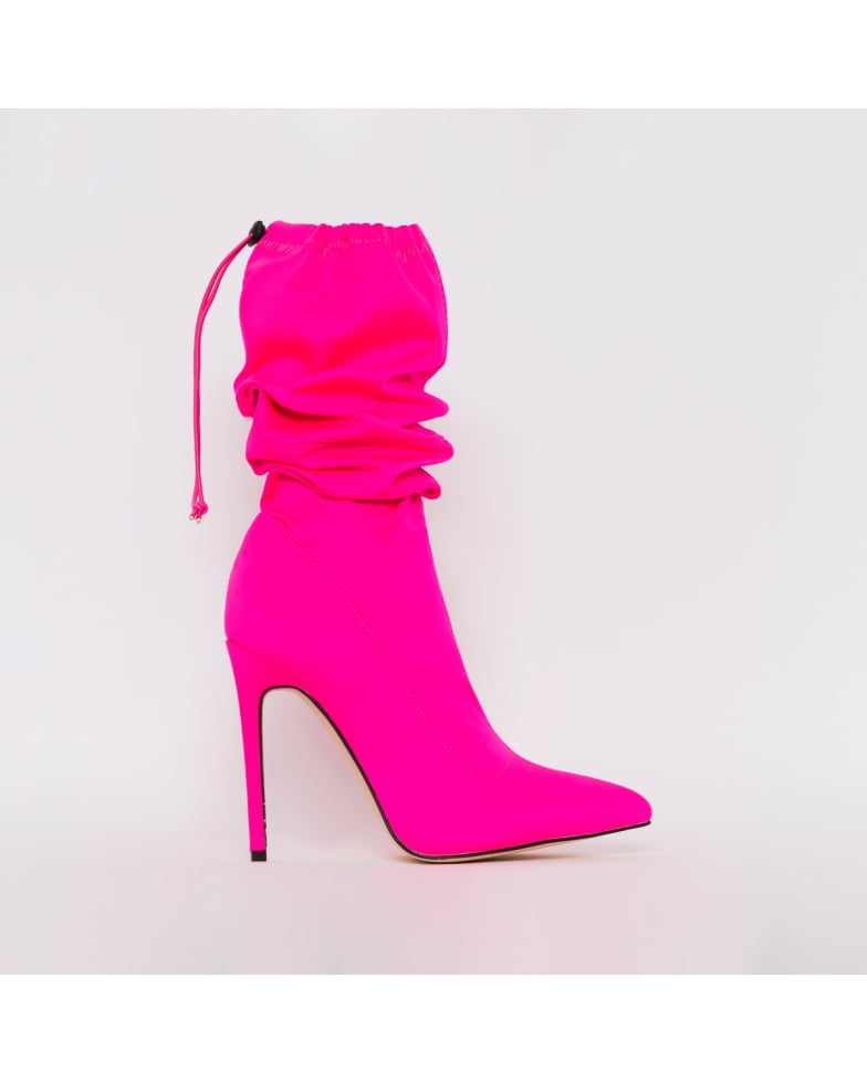 Natalia Hot Pink Lycra Stiletto Ruched Knee Boots