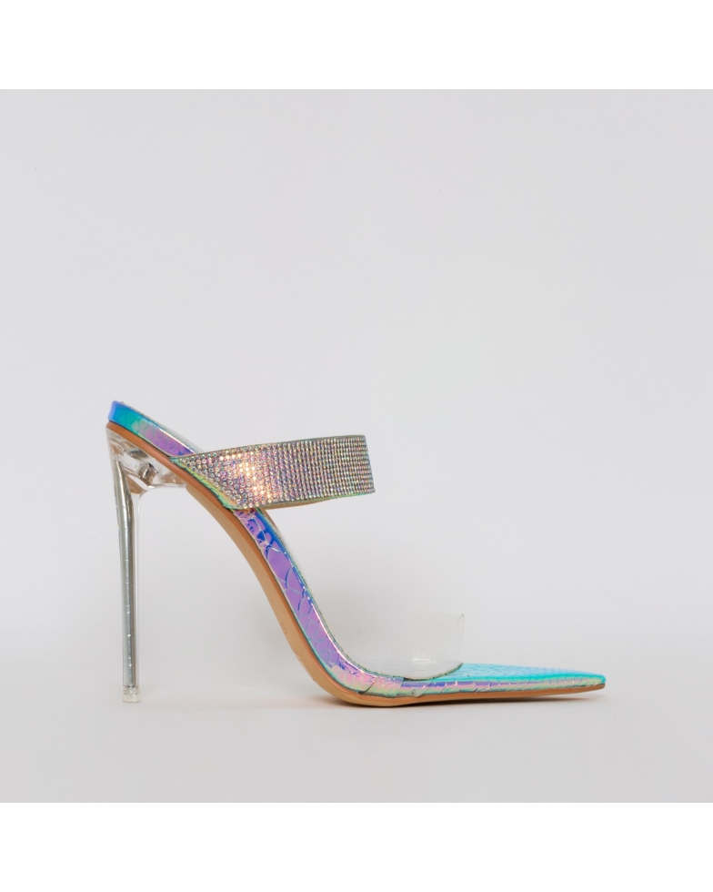 Dominique Silver Iridescent Snake Diamante Mules 