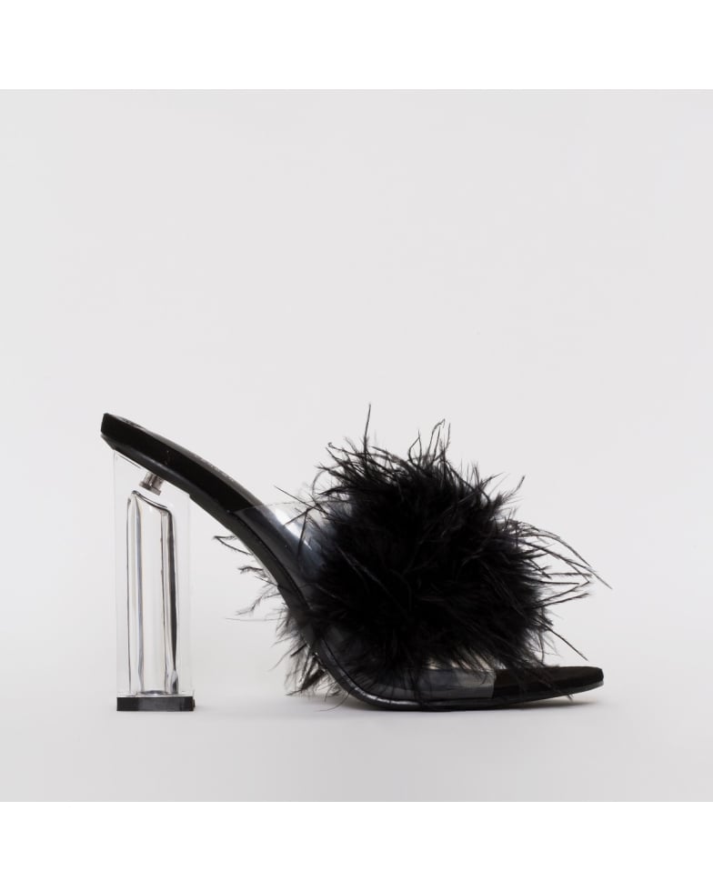 SIMMI SHOES / CLARISSE BLACK FLUFFY CLEAR BLOCK HEEL MULES