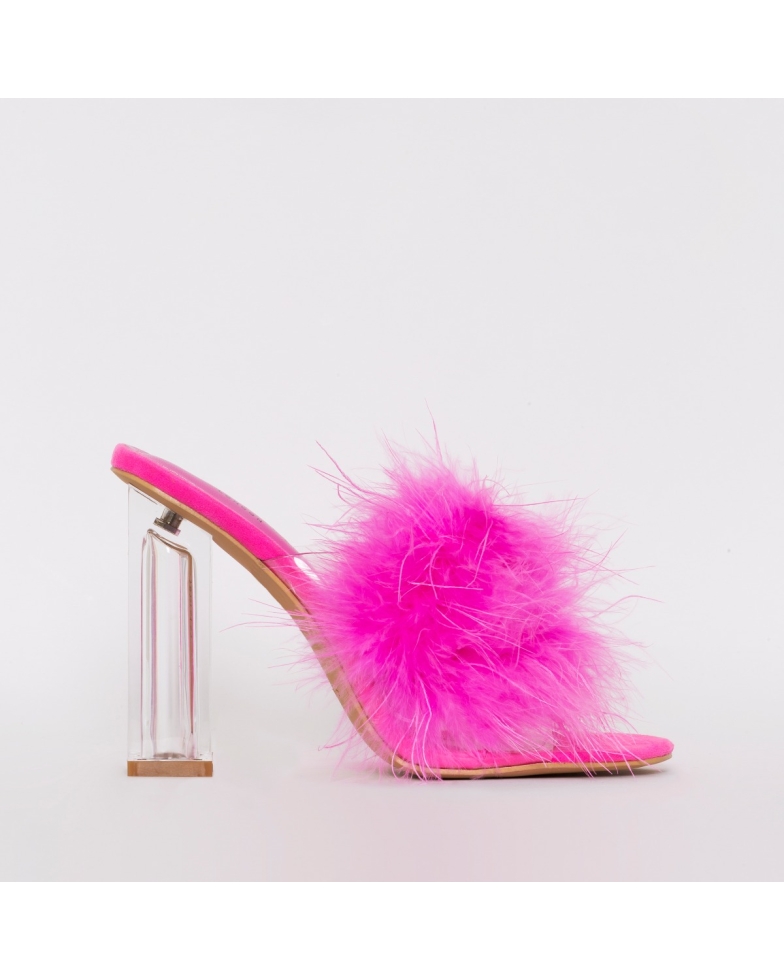 SIMMI SHOES / CLARISSE PINK FLUFFY CLEAR BLOCK HEEL MULES