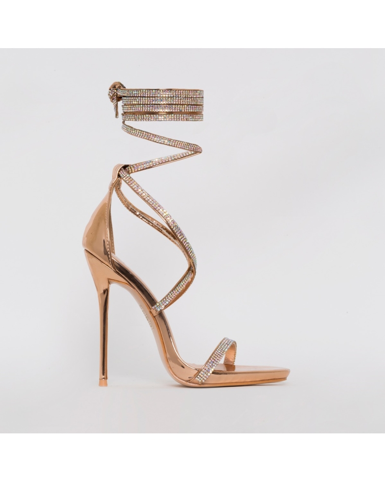 SIMMI SHOES / IVORY ROSE GOLD LACE UP DIAMANTE HEELS