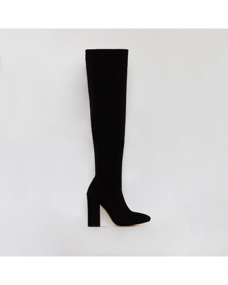 SIMMI SHOES / ERIN BLACK STRETCH THIGH HIGH BLOCK HEEL BOOTS