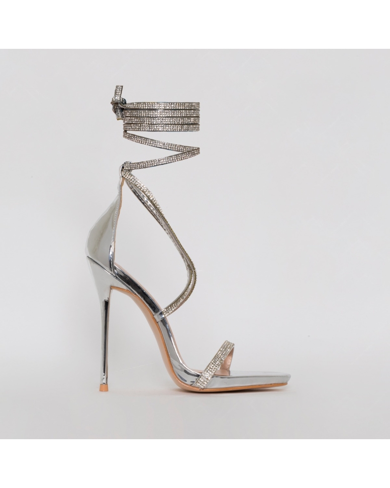 SIMMI SHOES / IVORY SILVER LACE UP DIAMANTE HEELS