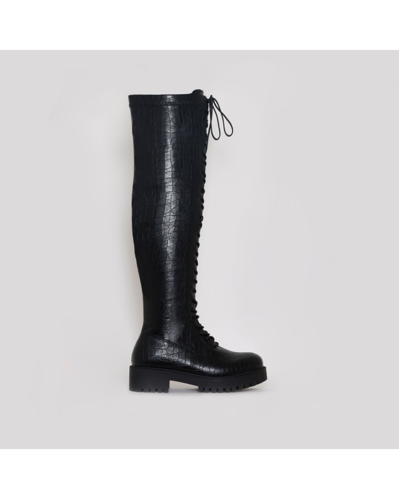 Manny Black Croc Print Flat Over Knee Boots