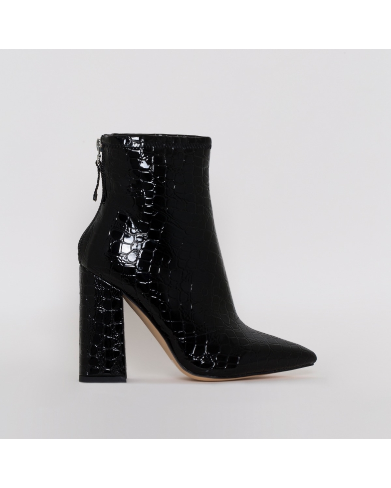 SIMMI SHOES / MONTANA BLACK PATENT CROC PRINT BLOCK HEEL ANKLE BOOTS