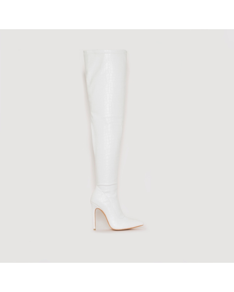 Isabel White Croc Print Thigh High Stiletto Boots