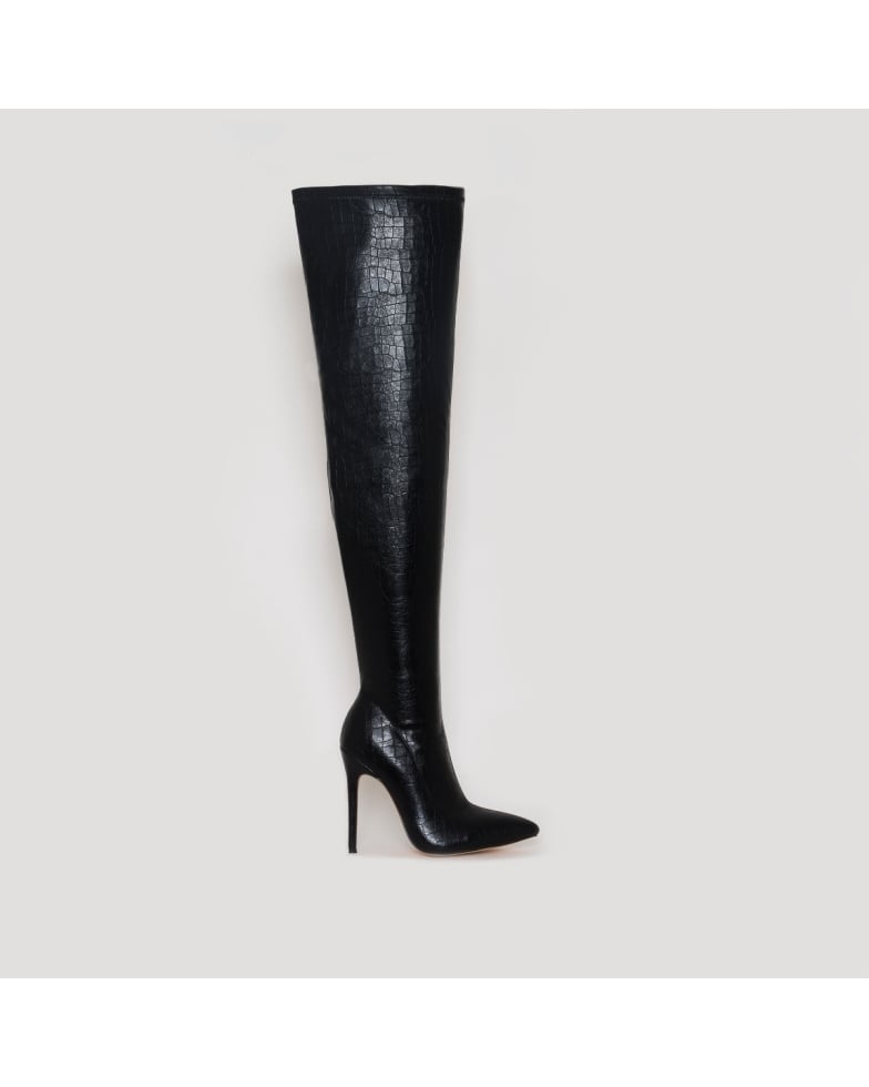 Isabel Black Croc Print Thigh High Stiletto Boots