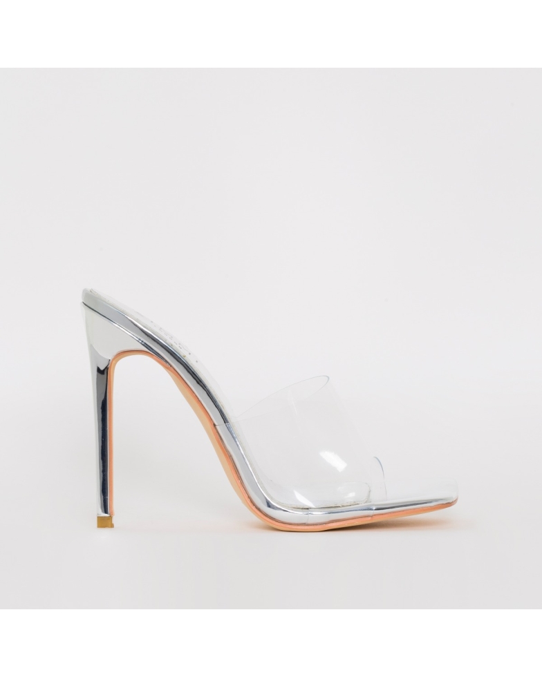 Amalie Silver Clear Stiletto Mule Heels