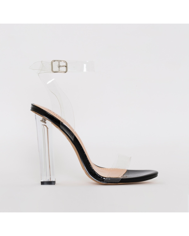 SIMMI SHOES / VERA BLACK SNAKE CLEAR BLOCK HEELS