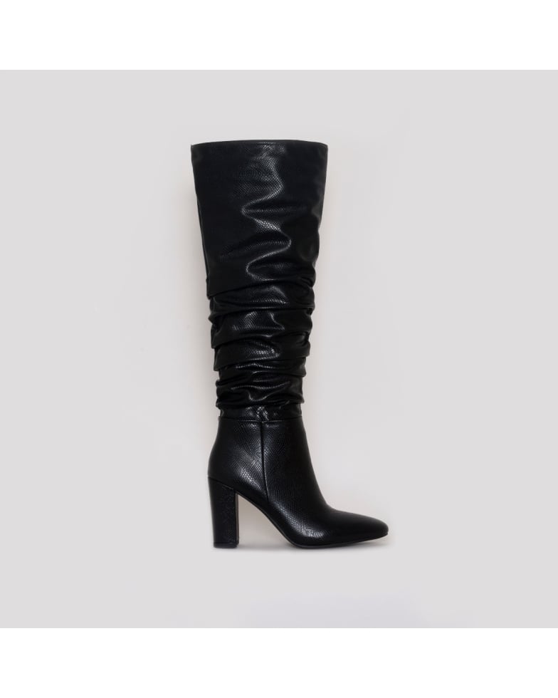 SIMMI SHOES / KIMONA BLACK SNAKE PRINT RUCHED BLOCK HEEL KNEE BOOTS