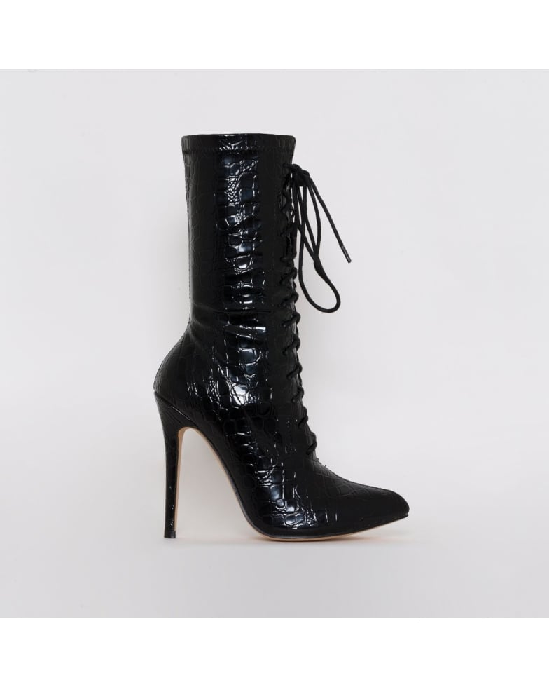 SIMMI SHOES / CELIA BLACK PATENT CROC PRINT LACE UP POINTED ANKLE BOOTS