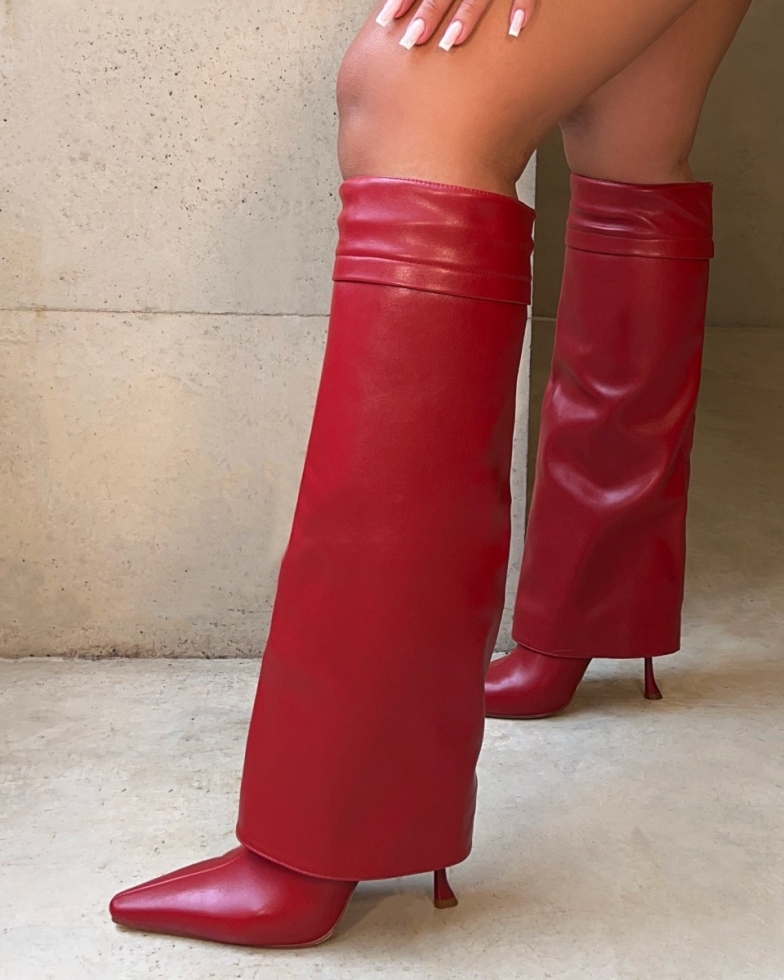 Tasha Ghouri Archer Red Folded Stiletto Knee High Boots