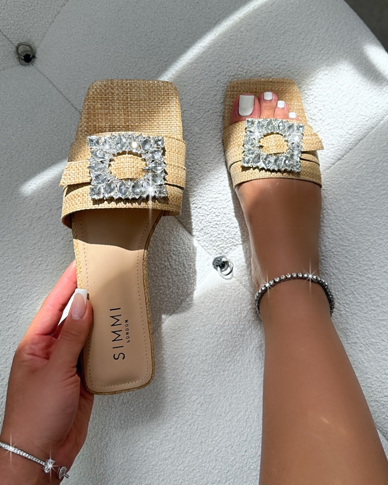 Cyra Beige Raffia Diamante Flat Sandals