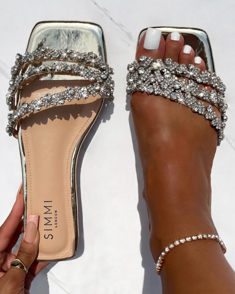 Capri Gold Mirror Diamante Flat Sandals