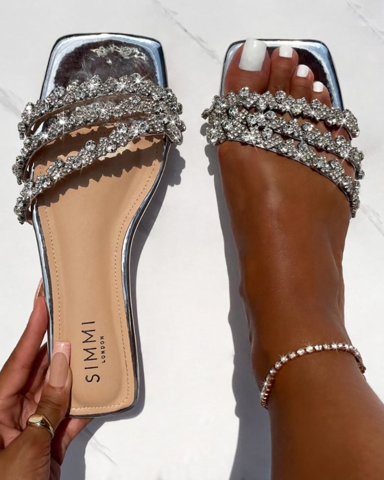 Capri Silver Mirror Diamante Flat Sandals