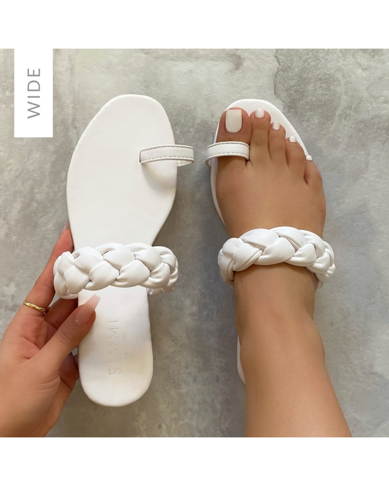 Alita Wide Fit White Plaited Strap Toe Loop Sandals | SIMMI London