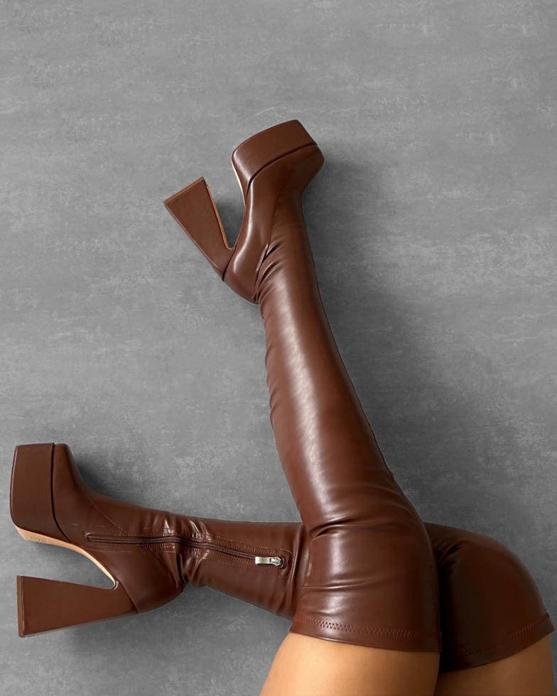 Ajvani Brown Platform Block Heel Thigh High Boots