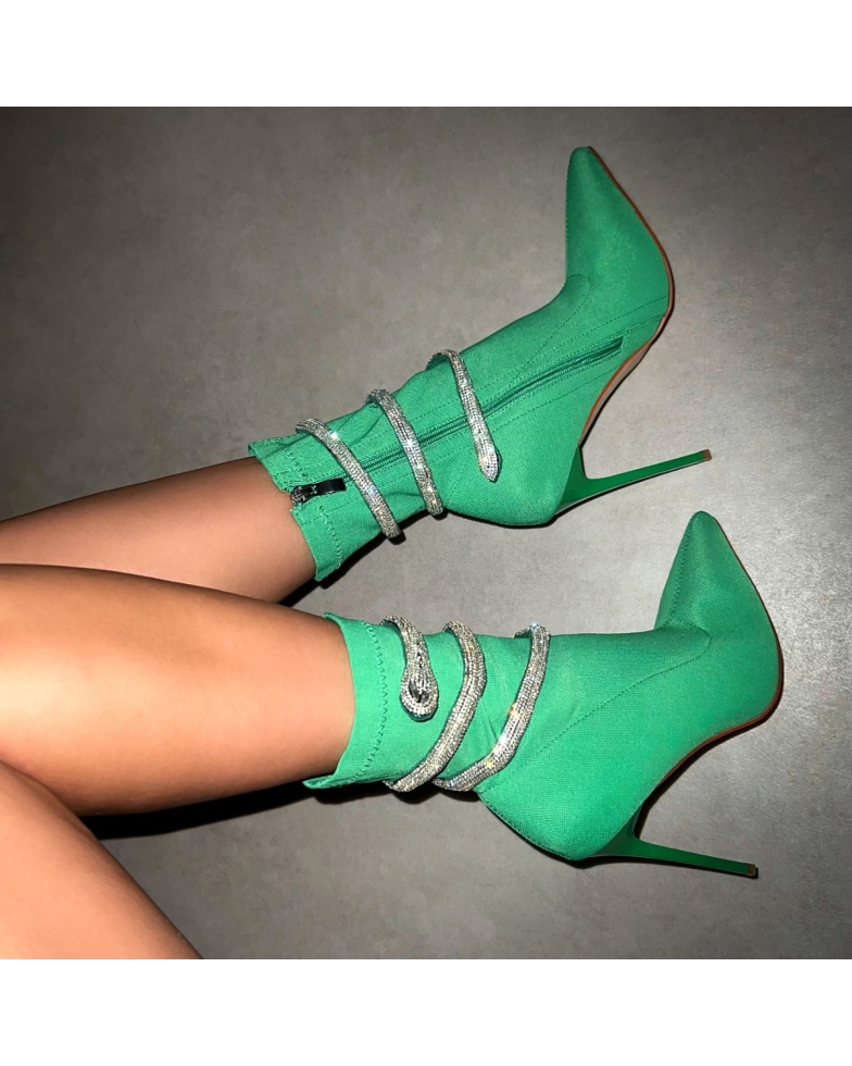 Caspian Green Lycra Diamante Wrap Ankle Boots | SIMMI London