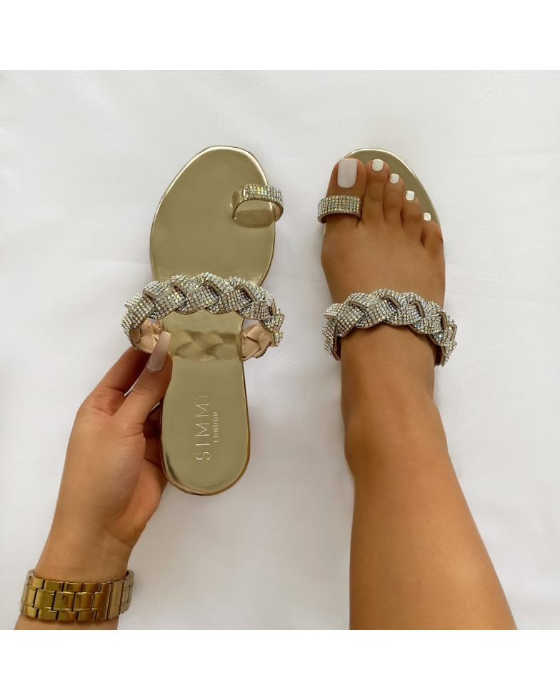 Aquarius Gold Mirror Diamante Toe Loop Sandals | SIMMI London