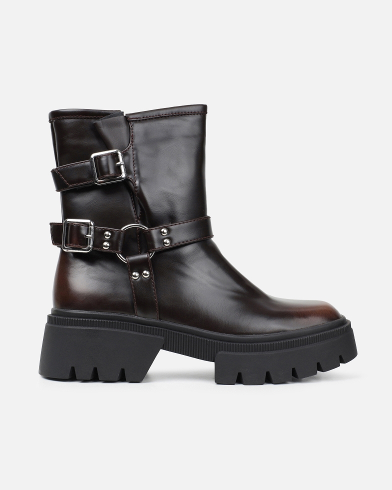 Alpesh Brown Burnished Chunky Biker Boots