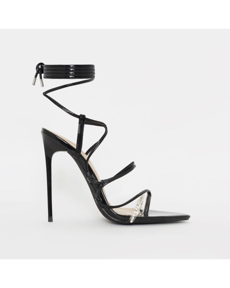 SIMMI SHOES / AVI BLACK PATENT DIAMANTE LACE UP STILETTO HEELS