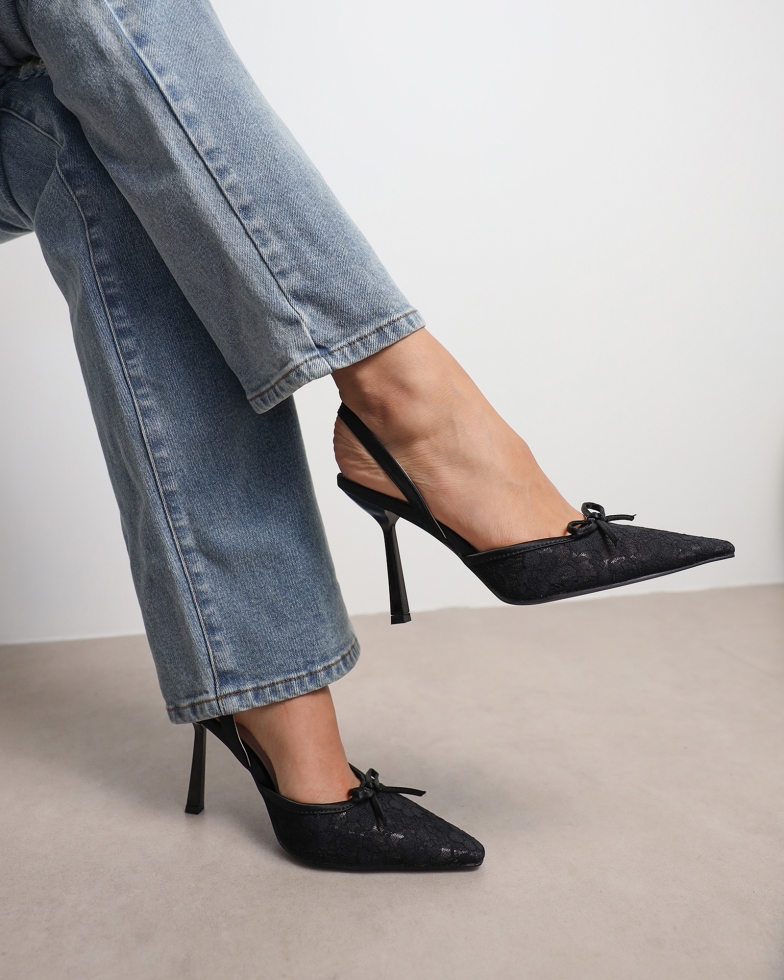 Bebee Black Lace Bow Heeled Sandals | SIMMI London