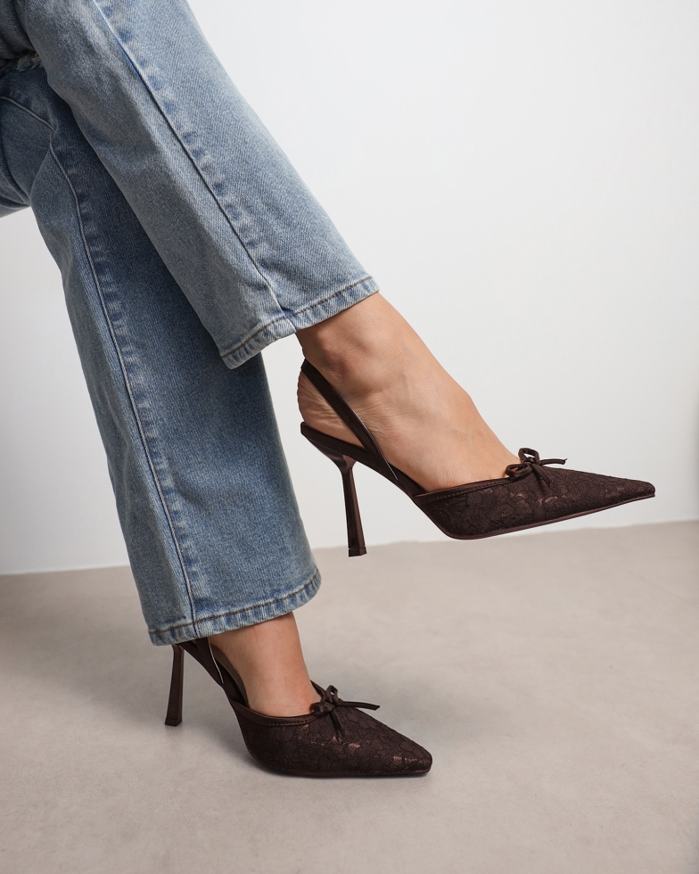 Bebee Brown Lace Bow Heeled Sandals | SIMMI London